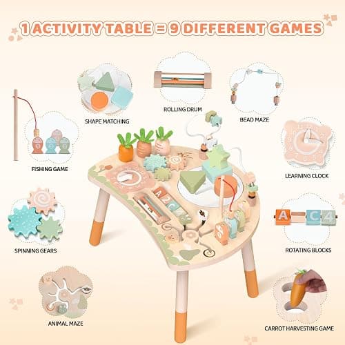 Hewaurorion Wooden Activity Table for 1 Year Old - Montessori 9 in 1 Busy Board Baby Activity Centre with Bead Maze Shape Sorter, Sensory Learning Toys for Toddler, Birthday Gift for Boys and Girls thumbnail 3