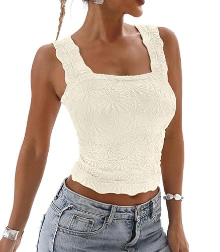 DouBCQ Women Cute Crop Tank Top Square Neck Wide Strap Vest Slim Fit Floral Lettuce Trim Cropped Cami Tops thumbnail 4