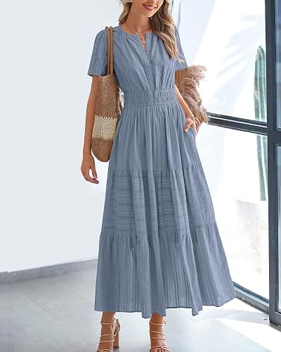 BTFBM Womens Summer 2025 Casual Midi Maxi Dresses Lightweight Short Sleeve V Neck Elastic Waist Boho Beach Dress Pockets thumbnail 2