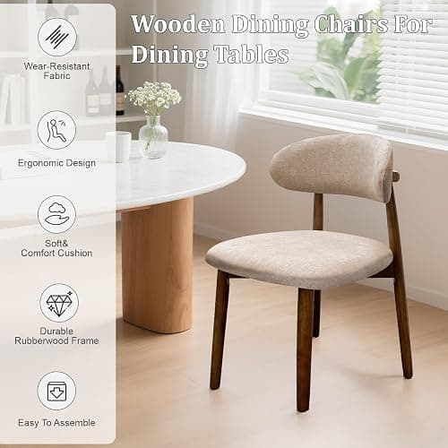 Farmhouse Dining Chairs Set of 4, Mid Century Modern Fabric Upholstered Kitchen Chairs, Wooden Dining Room Chair with Curved Back for Kitchen Dining Room Restaurant Cafe, Light Camel (Only Chairs) thumbnail 7