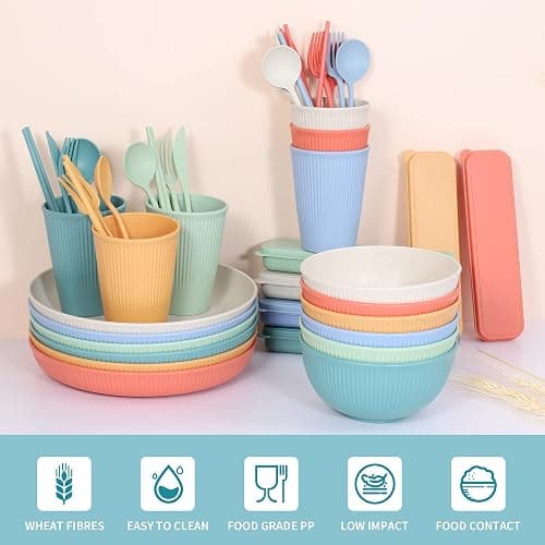 Becutlery Wheat Straw Dinnerware Sets, Unbreakable Dinnerware Set for 6,Reusable Lightweight Tableware Dinner Dishes, Bowls, Cups, tableware, 24pcs Dinnerware Microwave & Dishwasher & Kids Safe thumbnail 4