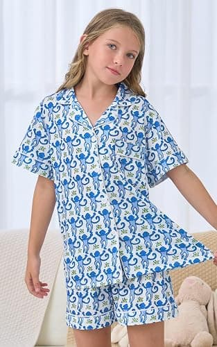 SLPTIMISO Girls Summer Outfit,Kids 2 Piece Button Down Monkey Loungewear Beach Shorts Set Preppy Animals Lounge Pjs thumbnail 4