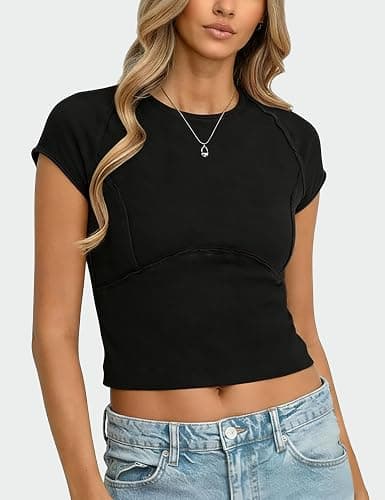 Aimiray Women's Y2k Tops Tight Fitting Baby Tees Going Out T Shirt Basic Short Sleeve Crew Neck Cotton Summer Tops thumbnail 3