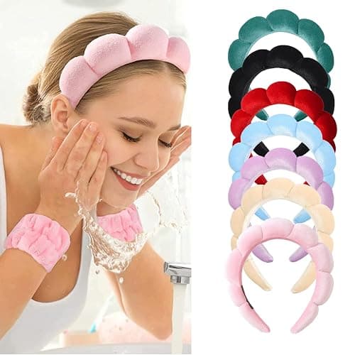 Luckybear Spa Headband for Washing Face, Velvet Makeup Headband, Bubble Skincare Head bands with Face Wash Wristbands Sponge Puff Head band for Women Skin Care - Green thumbnail 7