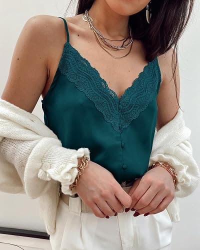 miduo Womens Satin V Neck Lace Trim Buttoned Cami Spaghetti Strap Camisole Sleeveless Tank Tops thumbnail 3