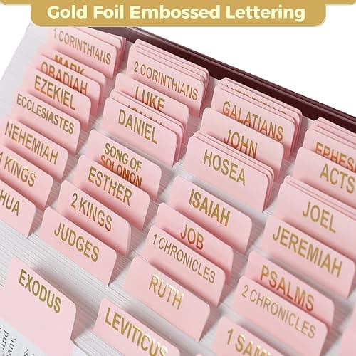 Bible Tabs for Women, 100 Tabs, Laminated Bible Book Tabs for Study Bible,Easy to Read and Apply Bible Chapter Tabs(Gold Foil Embossed Lettering), Bible Study Supplies, Pink Bible Labels Tabs thumbnail 8