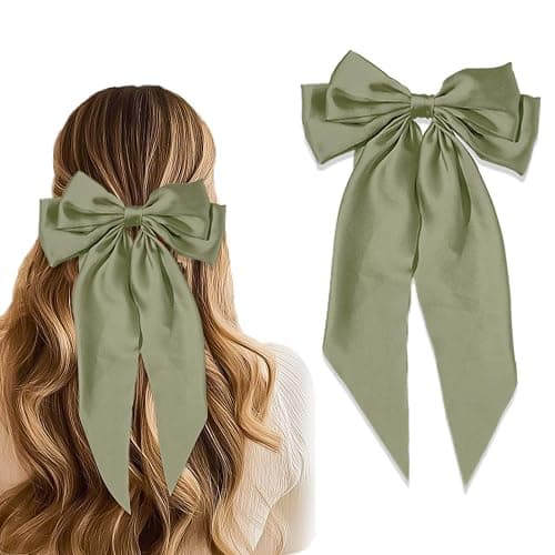 STGDAK Hair Bow Clips Elegant Bows Sage Green Bows Satin Ribbon Bow Large Bowknot Barrette Metal Clips St. Patrick's Day Hair Accessories For Women Girls Mardi Gras - Image 1