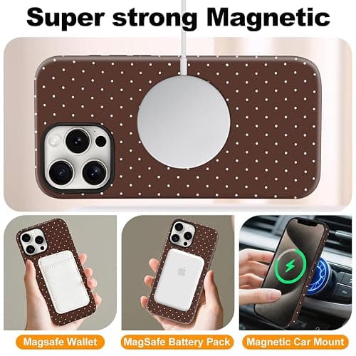 flewfun Magnetic for iPhone 15 Pro Max Case Cute Polka Dot Phone Case, Shockproof Slim TPU and Hard PC Protective Phone Cover Compatible with MagSafe Designed for Women Girls, Brown thumbnail 4
