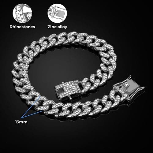 Dog Chain Collar Silver Dog Necklace Diamond Cuban Link Dog Collar 13mm Wide Metal Pet Cat Dog Chain Crystal Collar Jewelry Accessories for Large Medium Small Dogs Cats(Silver,10 Inch) thumbnail 4