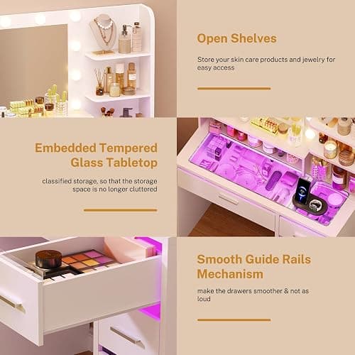FIONESO Vanity Desk with Mirror and Lights, Makeup Vanity with Glass Top, 3 Colors LED Lights & Power Outlet, White Vanity with 5 RGB Drawers, Adjustable Lighted Vanity for Girls, Bedroom thumbnail 8