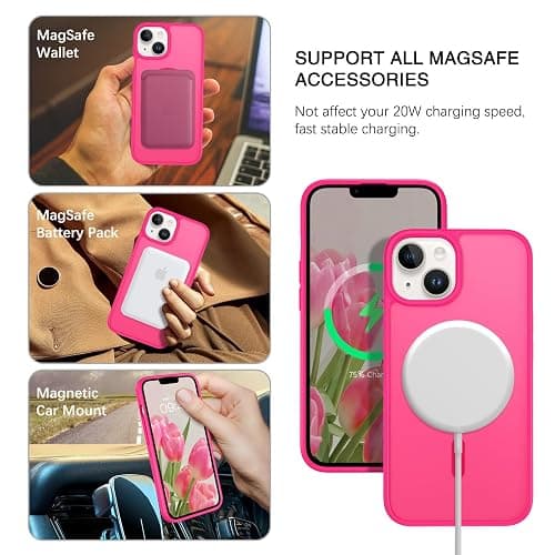 BENTOBEN for iPhone 13 Phone Case and iPhone 14 Magnetic Case [Compatible with Magsafe] Slim Translucent Matte Design Shockproof Bumper Drop Protective Cute Girls Women Boys Men 13/14 Cover, Hot Pink thumbnail 3