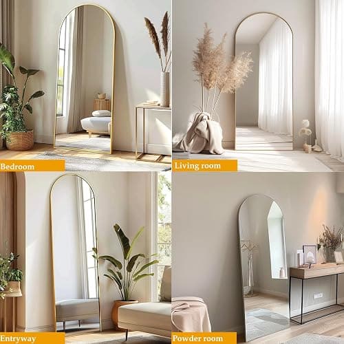 Dewfig Arched Full Length Mirror, 64"*21", Large Floor Mirror with Stand, Full Body Mirror Standing Mirror for Leaning or Hanging Bedroom, Living Room,Dressing Room, Aluminum Alloy Frame, Gold - Gold - 64"L x 21"W thumbnail 9