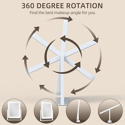 FENNIO Rounded Corner Lighted Vanity Mirror, 17" x 13" Makeup Mirror with Lights, 10X Magnifying Mirror, 3 Color Dimmable LED, Touch Control, Aluminum Stand, White thumbnail 6