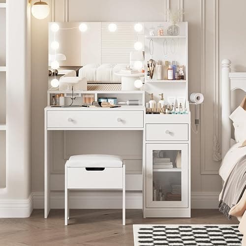 Vabches Vanity with Mirror and Lights, Makeup Vanity Table with Charging Station, Cute Vanity Set with Comfortable Bench, Dressing Table with 3 Storage Compartments, 39.8inch, White thumbnail 3