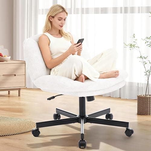 shipborne Cross Legged Office Chair, Thick Cushioned Criss Cross Chair with Wheels, Wide Seat Armless Office Chair, Height Adjustable Swivel Vanity Chair for Home and Office, White - Image 1
