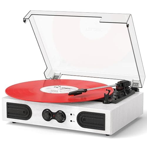 VinylsLink Vinyl Record Player with Built-in Stereo Speakers and Bass Adjust, Portable Vintage 3-Speed Belt-Driven, Bluetooth Input, RCA Line Out AUX in Headphone Jack, White Wood - Image 1