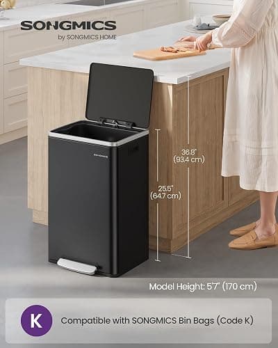 SONGMICS Kitchen Bin 50 L, with 15 Bin Bags, Stainless Steel, Removable Plastic Inner Bucket, with Lid, Handles, Soft Close, Ink Black LTB595B01 thumbnail 2