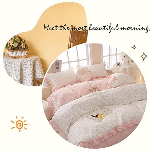 Pink Floral Duvet Cover Full 100% Cotton Ruffle Duvet Cover Girls Princess Lace Bedding Set Botanical Flower Comforter Cover with Zipper Closure Vintage Country Bedding Cottagecore Duvet Cover Set thumbnail 8