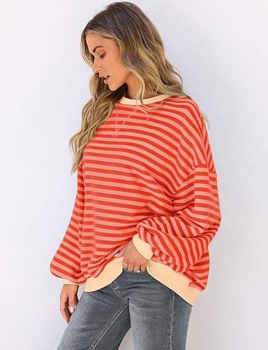 UEU Women Oversized Striped Crewneck Sweatshirt Long Sleeve Color Block Pullover Tops Casual Loose Workout Shirt thumbnail 3