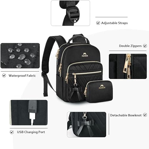 MATEIN Mini Backpack for Women, Waterproof Stylish Daypack Purse Shoulder Bag with USB Charging Port, Lightweight Small Casual Daily Travel Backpack, Lady Girls Gifts for Work School, 2pcs Sets, Black thumbnail 4