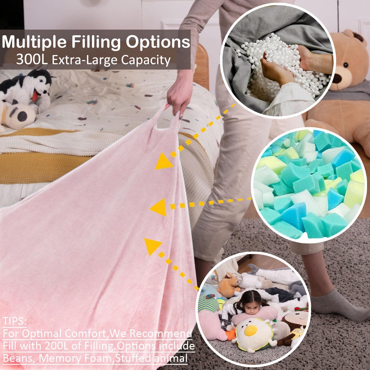 Nobildonna Bean Bag Chair Cover (No Filler) for Kids and Adults. Extra Large 300L Beanbag Stuffed Animal Storage Soft Premium Corduroy - Large(Cover Only) - Pink thumbnail 5