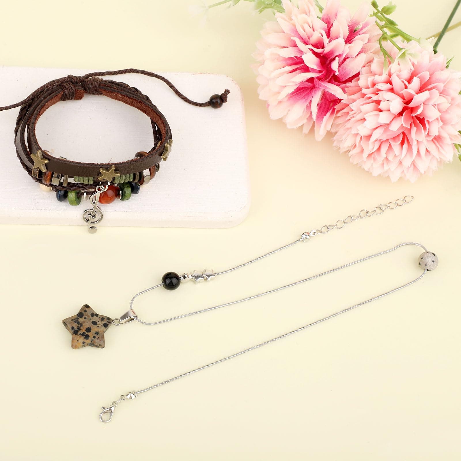 Fairy Grunge Necklace & Bracelet Set, Handmade Multi-Layer Leather Music Braided Beaded Bracelet Y2K Star Necklace Gothic Punk Rock Music Accessories for Women & Men thumbnail 3