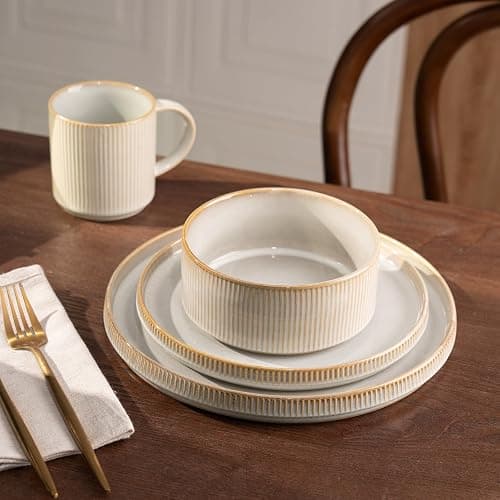 Richmount Star Dinnerware Sets, Plates and Bowls Set for 4, 12 Piece Dish Set, Ribbed, Cappuccino White thumbnail 8