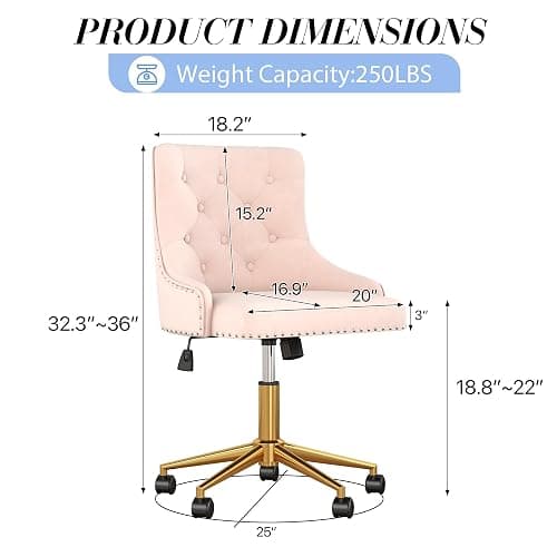 Velvet Armless Home Office Desk Chair, Swivel Height-Adjustable Small Cute Vanity Chair for Women/Girls, Comfy Makeup Chair with Rivet and Gold Base for Living Room, Bedroom(Light Pink) thumbnail 3