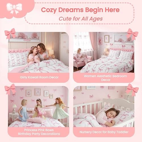 Erosebridal Cute Pink Bow Twin Bedding Set for Girls,Ribbon Bow Knot Comforter Set for Kids Kawaii Room Decor,Princess Bowknot Bed Set Girly Pink Bows Bedding Comforter Sets,1 Pillowcase thumbnail 4