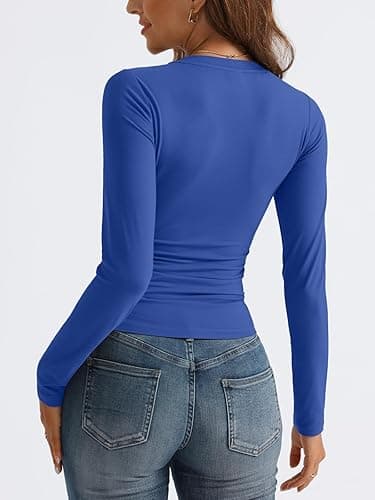 Trendy Queen Long Sleeve Shirts for Women 2025 Fall Fashion V Neck Basics Crop Tops Slim Fitted Y2K Tops Outfits Clothes thumbnail 4