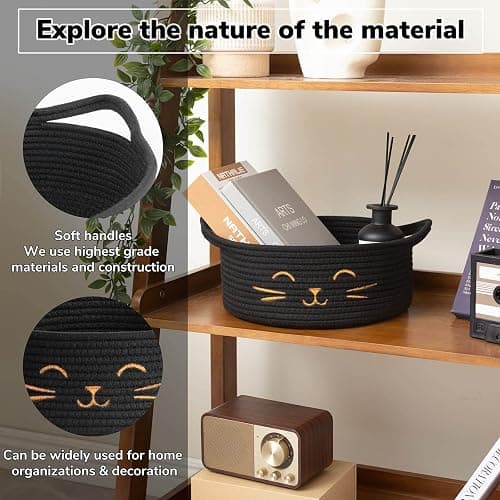 HiChen Small Storage Basket, Black Cute Pet Toy Storage for Cats, Dogs, Decorative Rope Bin for Organizing, Empty Gift Basket for Baby, Black, 9.8 x 4 inches thumbnail 3