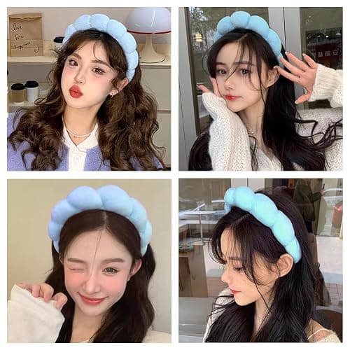 AOENJIE Spa Headbands for Washing Face or Makeup, Sponge Bubble Skincare Headbands, Puffy Terry Cloth Hairband for Women, Skin Care Makeup Headwear Hair Accessories for Girls(Blue) - Blue thumbnail 5