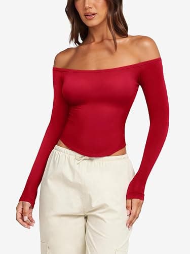 LASLULU Womens Sexy Off The Shoulder Long Sleeve Workout Tops Strapless T Shirts Crop Top Casual Fall Outfits thumbnail 2