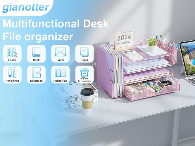 gianotter Desk Organizers and Accessories with File Holder, 4-Tier Desk Accessories & Workspace Organizers with Drawer and 2 Pen Holder, Paper Organizer for Office Supplies (Pink) thumbnail 5
