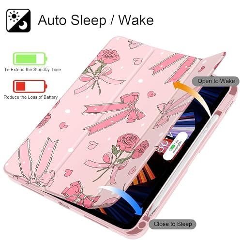 Tuiklol Case for iPad Air 11'' (M3 2025/M2 2024) 6th Gen/iPad Air 10.9'' 2022 2020 5th /4th Gen, Buit in Pencil Holder with Shockproof Cover Clear Back Auto Wake/Sleep, Bow & Rose thumbnail 3