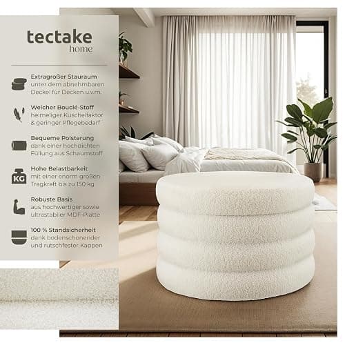tectake® Hocker mit Stauraum, XL Scandi Sitzhocker Bouclé Teddy Stoff, Pouf, Polsterhocker rund für Schminktisch, Wohnzimmer Möbel, als Flur Möbel, Stauhocker Wohnen, Ø 67 x 42 cm - Bouclé Creme-weiß thumbnail 3