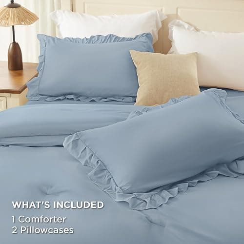 Andency Grayish Blue Comforter Set King Size, 3 Pieces Fluffy Shabby Chic Ruffle Comforter Set for Men, Women, Adults, Soft Lightweight All Season Polyester Bed Sets(104x90Inch) thumbnail 7