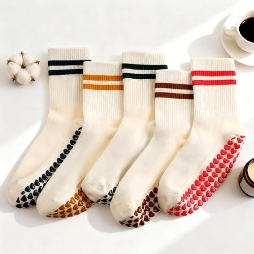 Halfchet 5 Pairs Women Pilates Grippy Socks Crew Half Calf Yoga Socks for Pilates Fitness Workout Hospital thumbnail 7