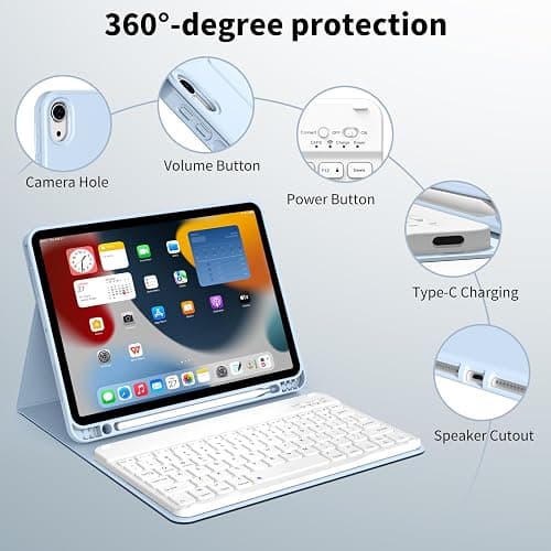 KenKe for iPad(A16) 10th/11th Generation Case with Keyboard (10.9/11 inch) 2022/2025, Soft TPU Back Stand Cover with Pencil Holder, Magnetically Detachable Wireless Bluetooth Keyboard, Sky Blue thumbnail 5