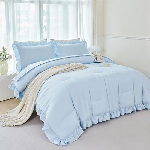 ANGIYUIN Light Blue Ruffle Girls Comforter Set Twin Size 5 Pieces Ruffled Farmhouse Bed in A Bag Solid Boho Bedding Comforter Sets Soft Fluffy Bed Sets for Kids Girl(Light Blue Twin) thumbnail 3