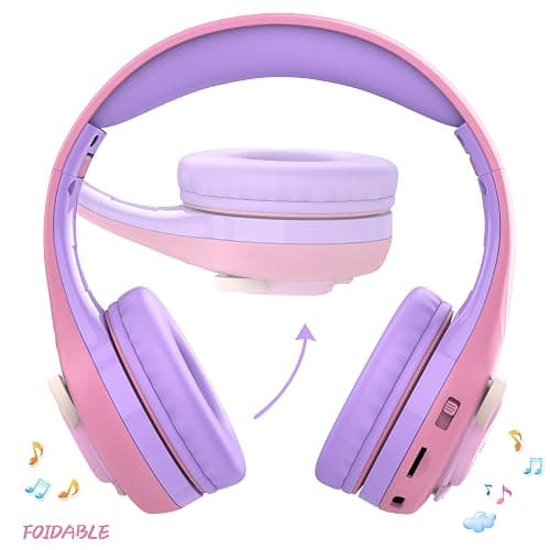 Riwbox CB-7S Kids Wireless Headphones,with Safe Volume Control 74/85/95dB,LED Glow Lights,50H Playtime,Bluetooth V5.3,Built-in Mic, TF Card Slot,for Travel/School/Phone/Laptop(Pink&Purple) thumbnail 2