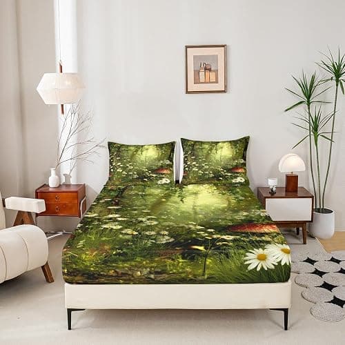 Erosebridal Magic Fitted Sheet Mushroom Fitted Sheet Twin Size Daisy Leaves Branches Sunset Nature Bedding Set Trippy Style Fairy Tale Theme Bed Cover Home Room Decorative thumbnail 2