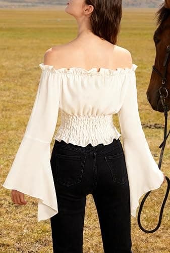 KIMIKAL Renaissance Cottagecore Shirt Women Peasant Blouse - Tie Front Off Shoulder Trumpet Sleeve Top thumbnail 8