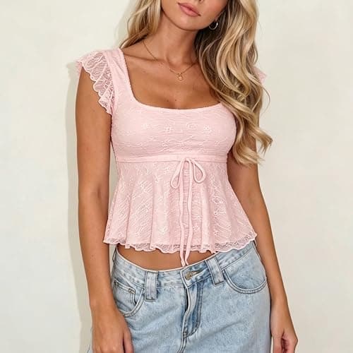 WYFC Lace Tops for Women Babydoll Tank Cap Sleeve Cute Going Out Shirt thumbnail 2