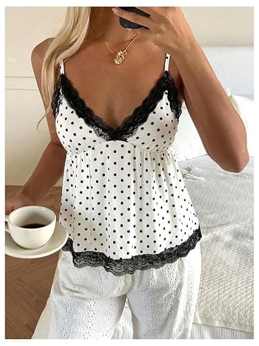SweatyRocks Women's Lace Polka Dots Babydoll Top Y2k Flowy Going Out Tops | Peplum Ruffle Shirts, Cute Tank Top, Beach Vacation Coquette Outfits thumbnail 4