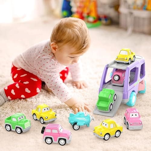 LASCOTON Toys for 1 2 3 Year Old Girl, 5-in-1 Carrier Truck for Toddler Girl, Friction Power Toy Cars with Light & Sound, Birthday Gifts, Pink - Pink thumbnail 2