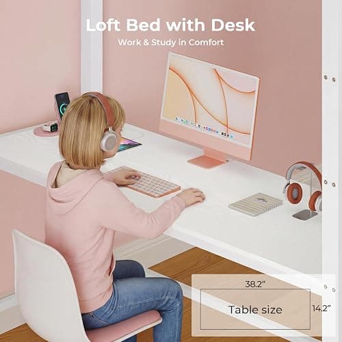 ADORNEVE Twin Loft Bed with Desk,14 Storage Drawers & Power Outlet, Kids Loft Bed Twin Size with LED Lights, Pegboard, Metal Loft Beds with Safety Guardrail & Ladder, Space Saving for Teens, White thumbnail 6