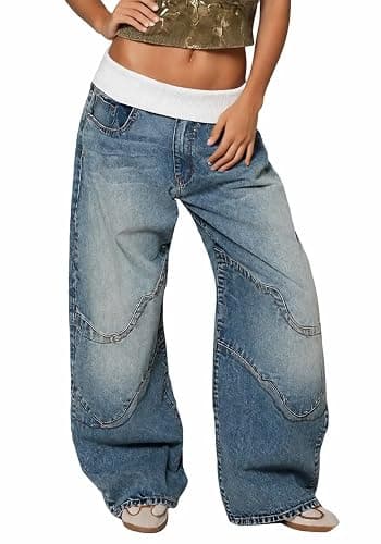 Ptorlio Womens Wide Leg Jeans Baggy Low Rise Y2K Stretchy Streetwear Color Block Denim Pants Trendy - Image 1