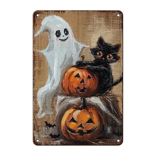 GJXFTPTTBD Black Cat Ghost Pumpkin Metal Tin Sign Halloween Decor Vintage Spooky Porch Wall Art for Home Door Bar Cafe 12x8 Inch - Image 1