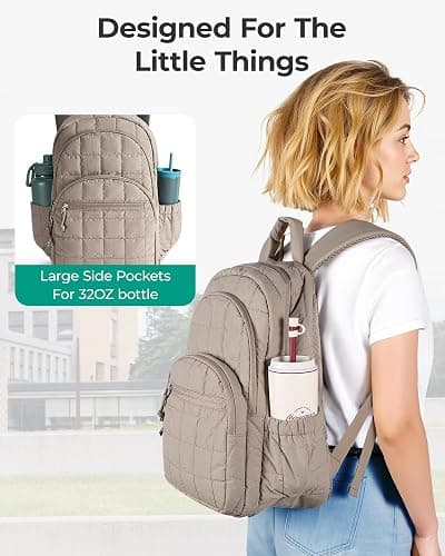 BAGSMART College Laptop Backpack, Travel Backpack for Women, Quilted Casual Daypack, Water-Resistant Bookbag for 15.6 Inch Laptop, Camel thumbnail 6